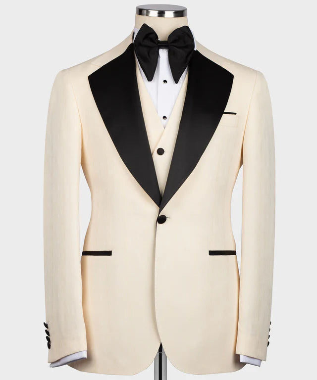 Cream Tuxedo with Black Satin Collar – Bold Contrast
