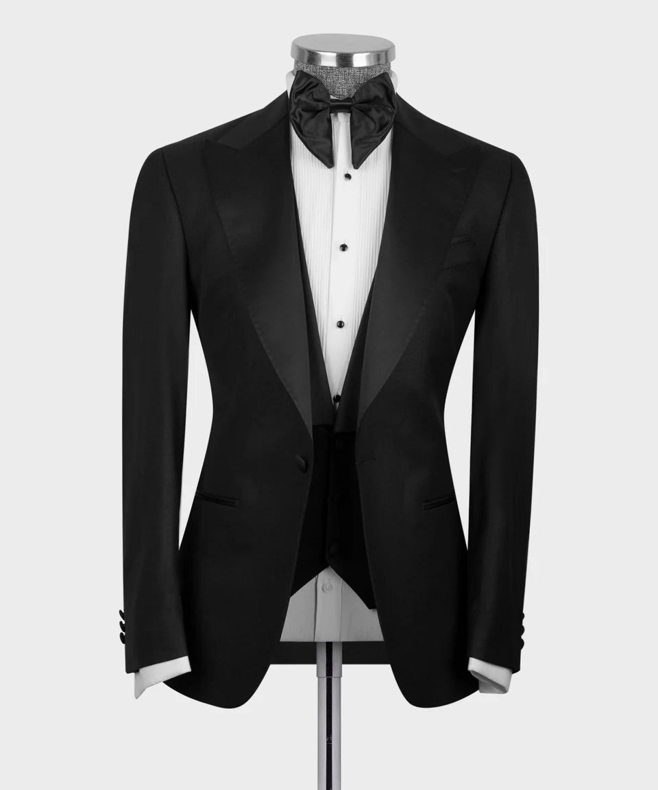 Luxury charcoal black Tuxedo with Satin Peak Lapel