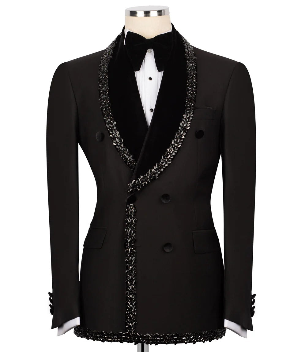 Black tuxedo jacket with decorative trim on a mannequin