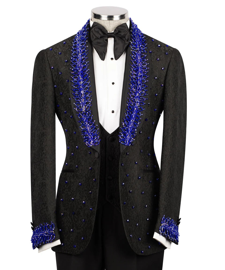 Black tuxedo with blue embellishments on a mannequin against a white background