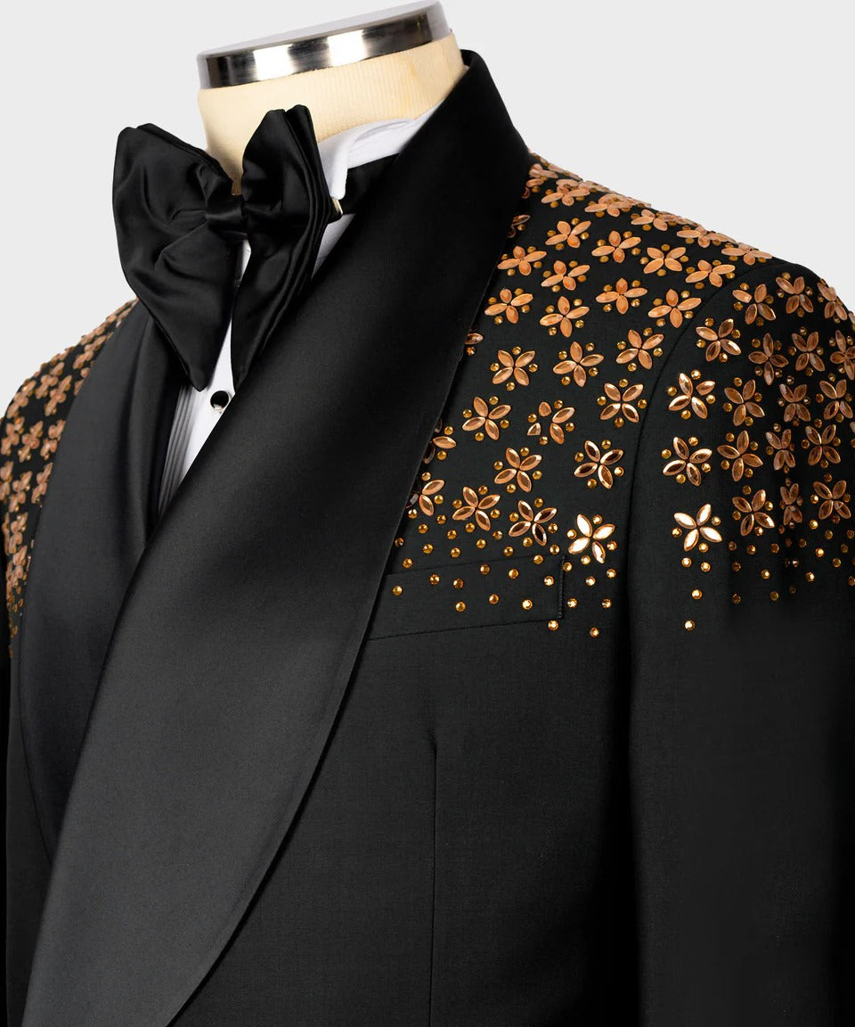 Black & Gold Floral Embellished Tuxedo – Regal Sophistication, Redefined