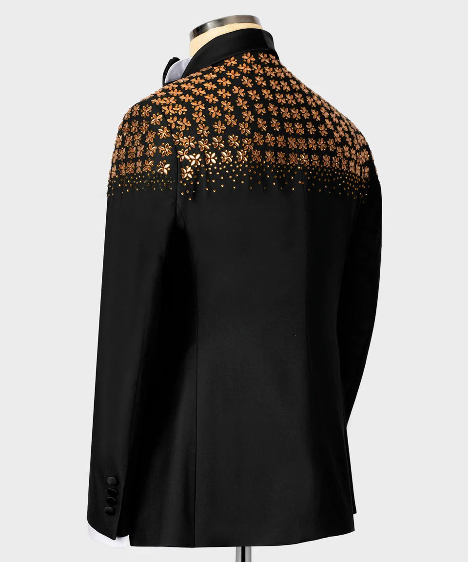 Black & Gold Floral Embellished Tuxedo – Regal Sophistication, Redefined