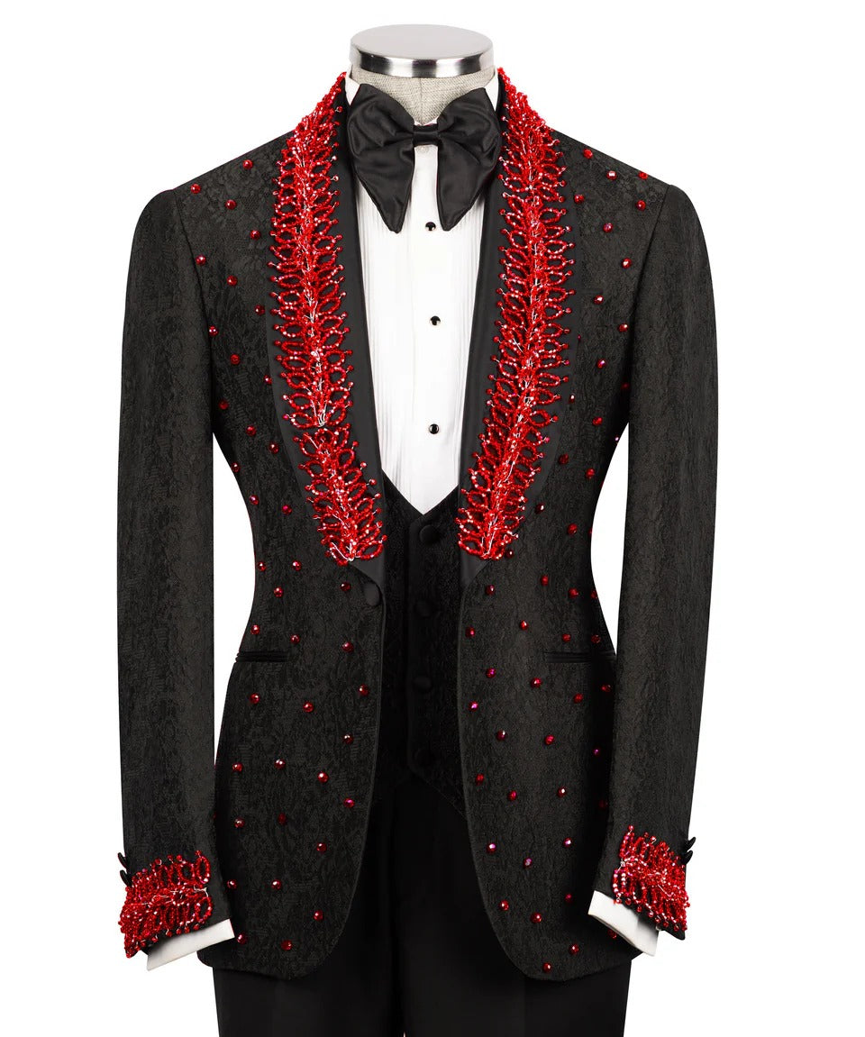 Black & Red Embellished Tuxedo – Daring, Dashing & Designed to Dominate