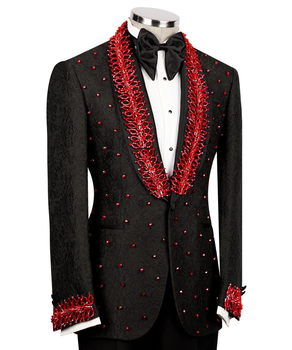 Black & Red Embellished Tuxedo – Daring, Dashing & Designed to Dominate