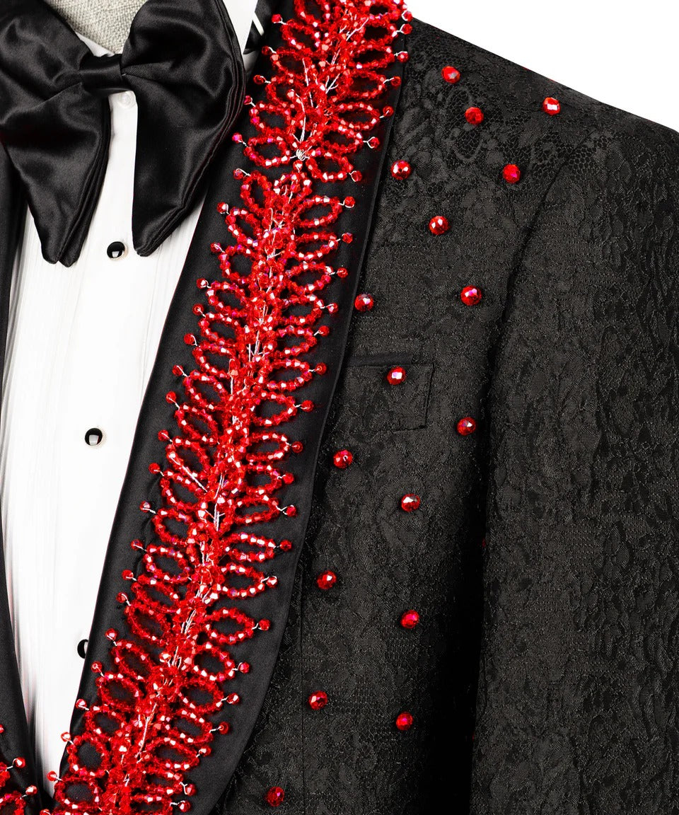 Black & Red Embellished Tuxedo – Daring, Dashing & Designed to Dominate