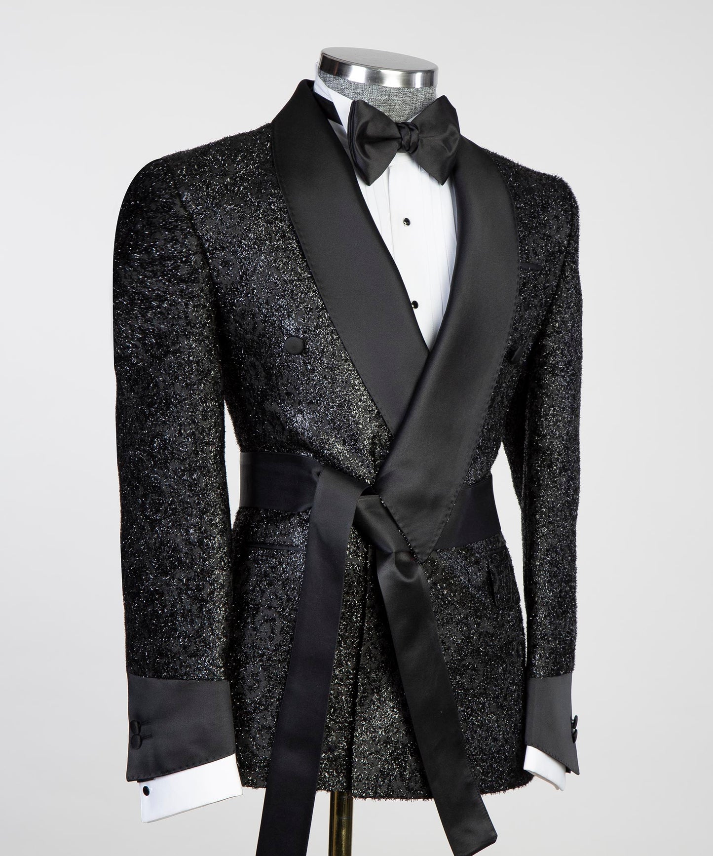 Black Shiny Belted Tuxedo for Party