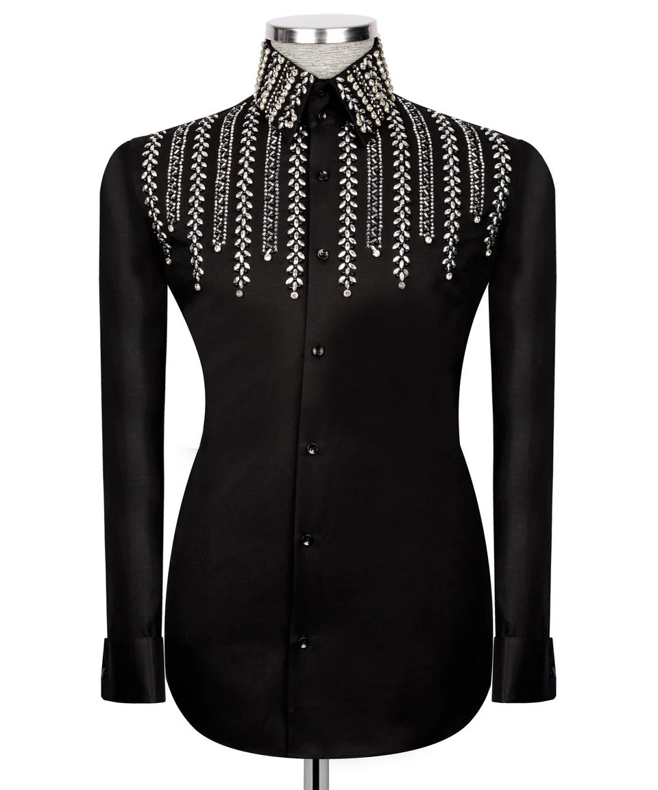 ✨ "Frosted Elegance" – Black Shirt with White Crystal