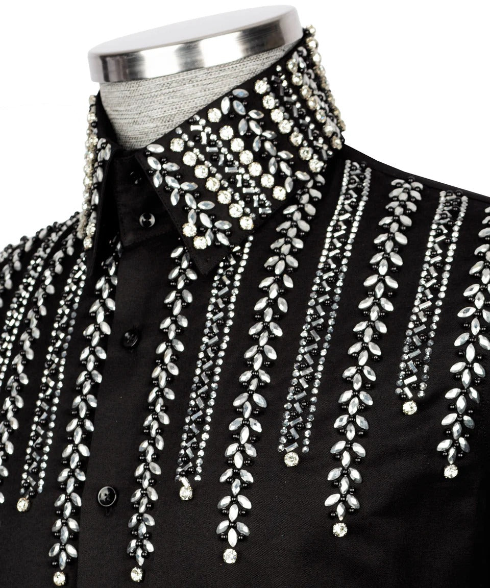 ✨ "Frosted Elegance" – Black Shirt with White Crystal