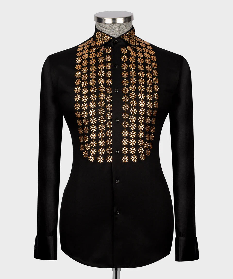 π "Golden Bloom" β Black Shirt with Vertical Gold Crystal Floral Embellishments