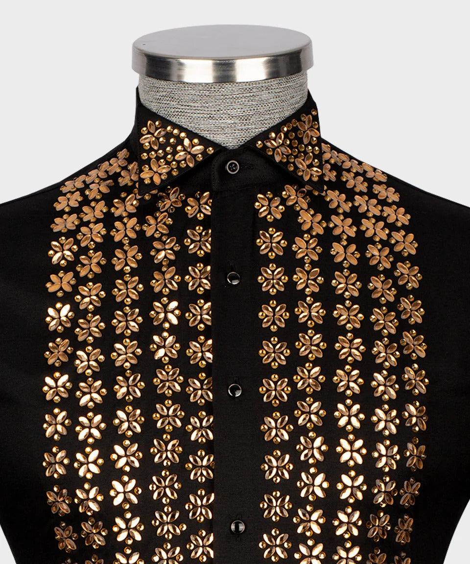 π "Golden Bloom" β Black Shirt with Vertical Gold Crystal Floral