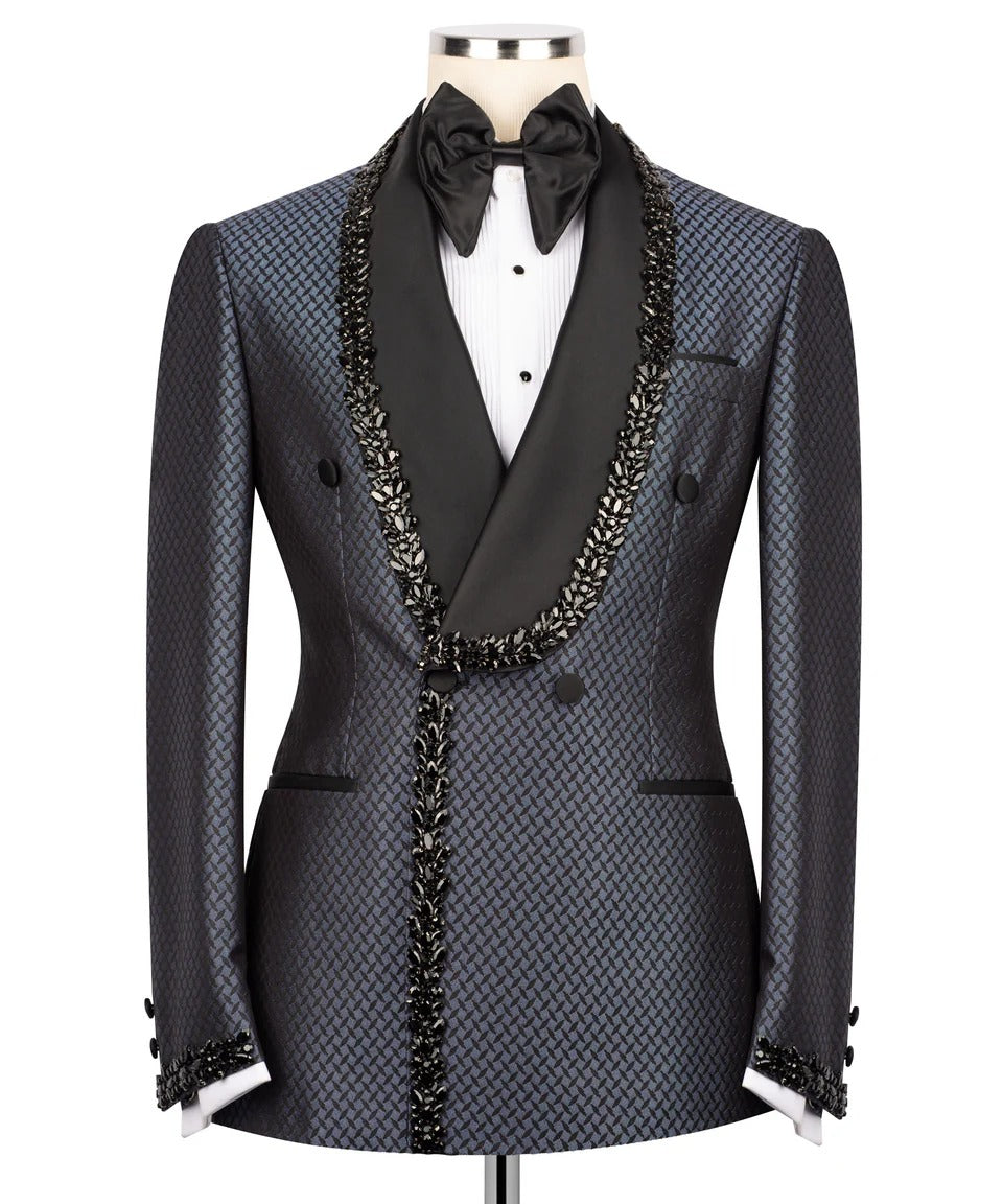 Luxury Black & Navy Patterned Tuxedo