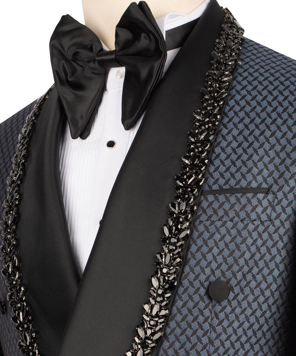Luxury Black & Navy Patterned Tuxedo with Crystal Embellished Lapel