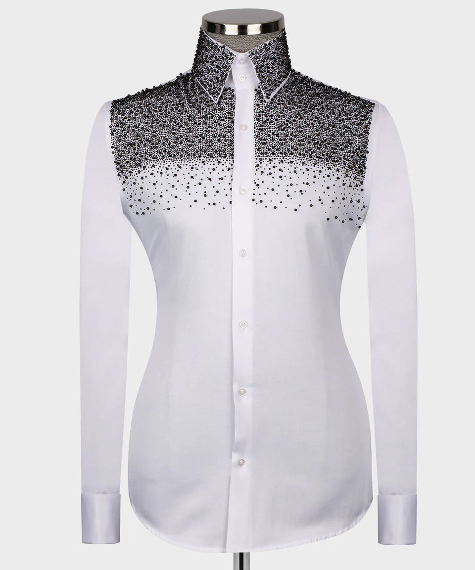 π€ "Midnight Frost" β White Shirt with Black Crystal Embellishments