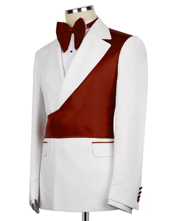 Burgundy & White Double-Breasted Tuxedo – Bold Elegance