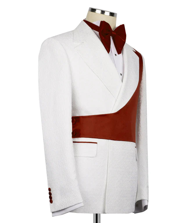 Burgundy & White Double-Breasted Tuxedo – Bold Elegance