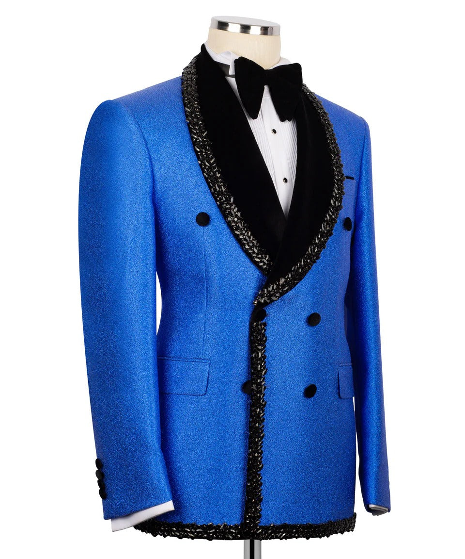 Blue tuxedo jacket with black lapels on a mannequin against a white background