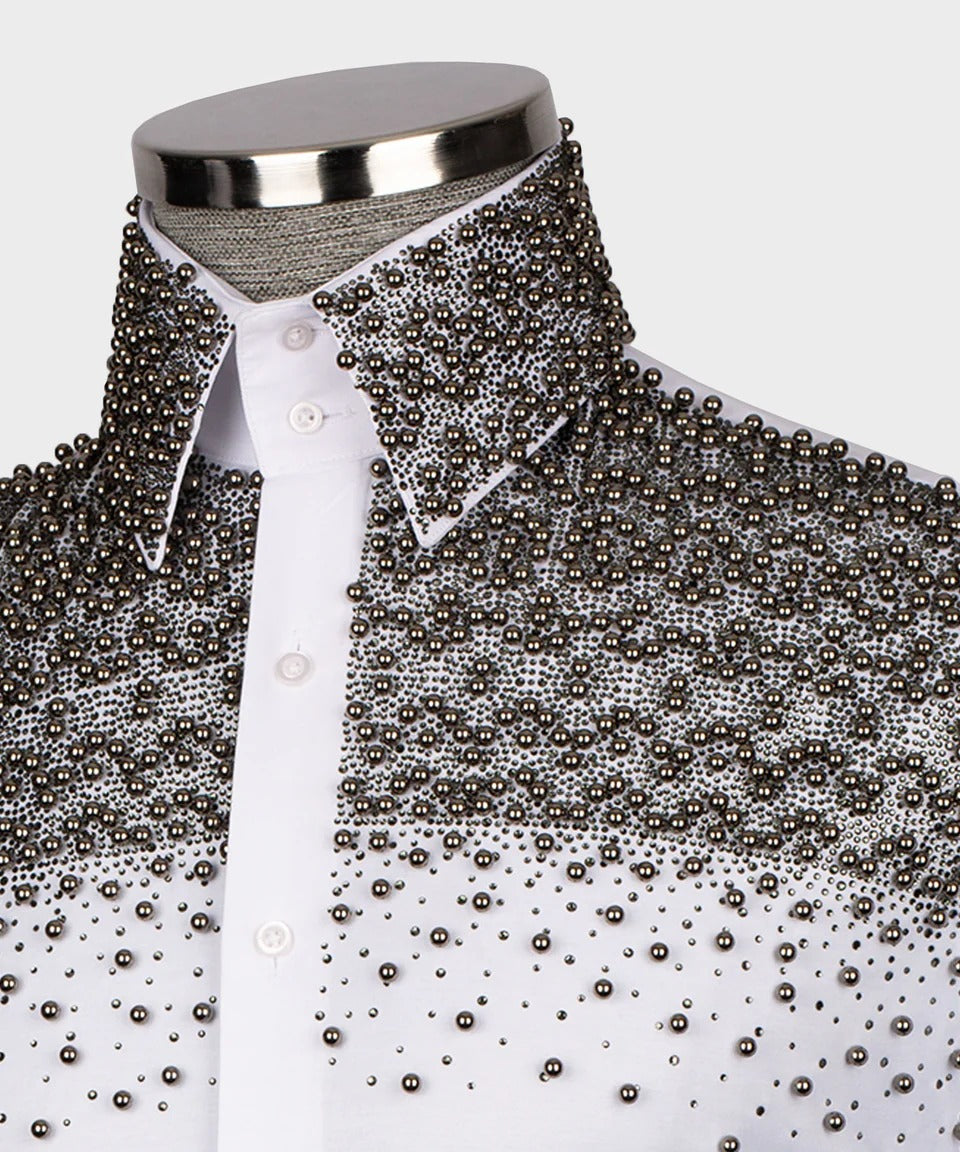 ❄️ "Lluvia Plateada" – Camisa blanca con adornos de cristales plateados