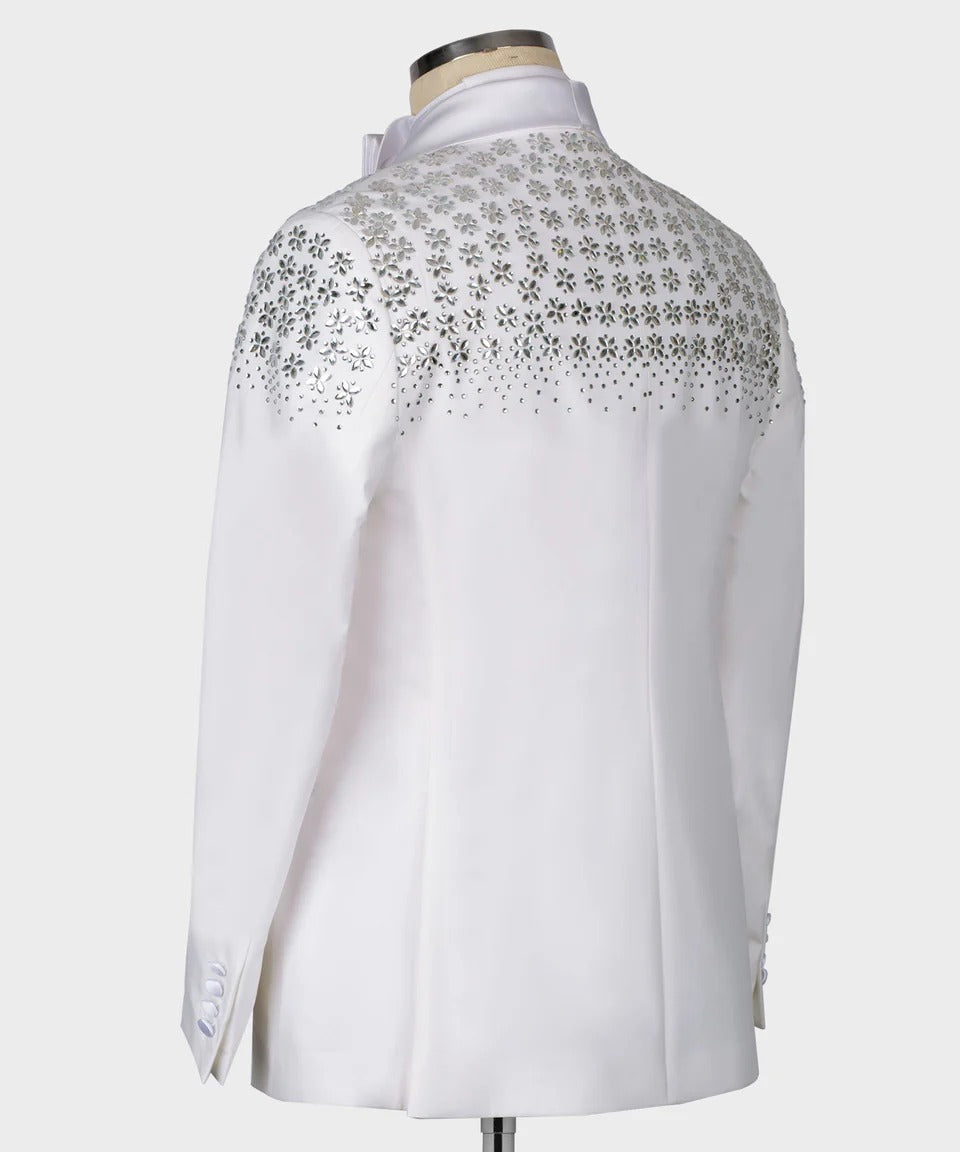 White & Silver Floral Embellished Tuxedo – Elegance with a Dazzling Edge