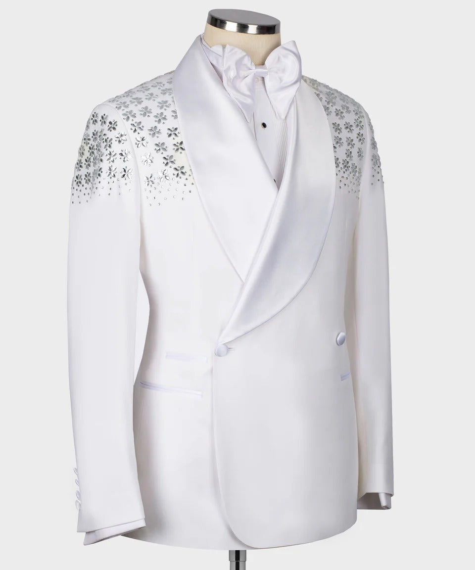 White & Silver Floral Embellished Tuxedo – Elegance with a Dazzling Edge