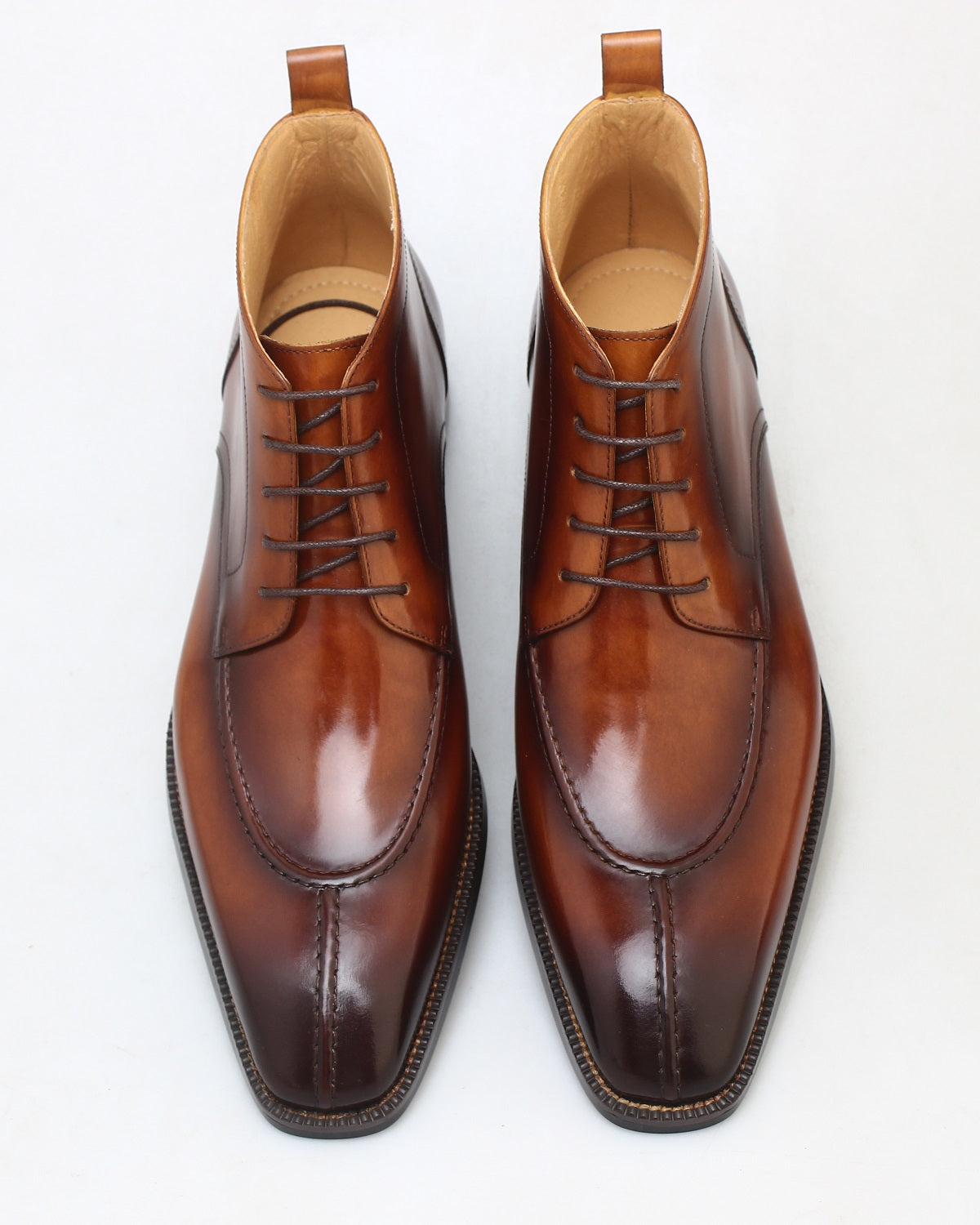 KOSS ATELIER polished brown leather Belmont Chukka Boots for men in classic lace up ankle design