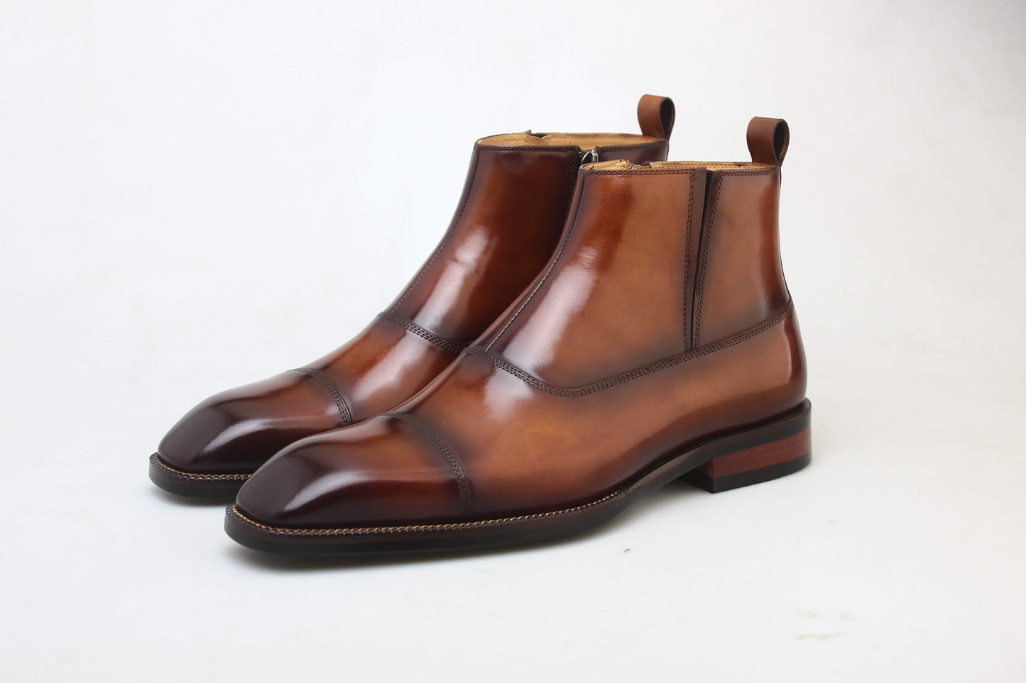 KOSS ATELIER men's brown cap-toe zip boots polished leather ankle boots with side zipper and pull tab