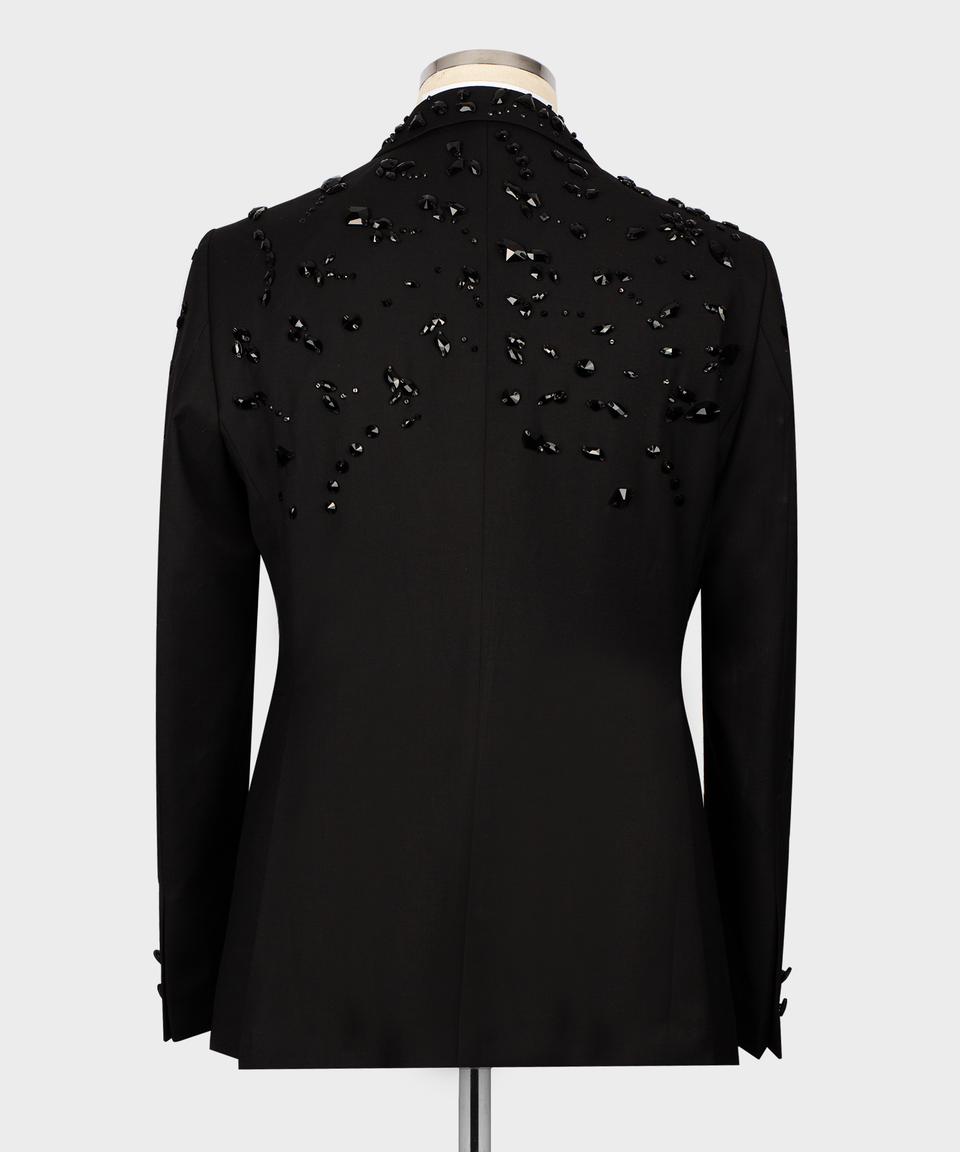 KOSS ATELIER back view black crystal embellished tuxedo jacket with scattered crystals on shoulders and upper back