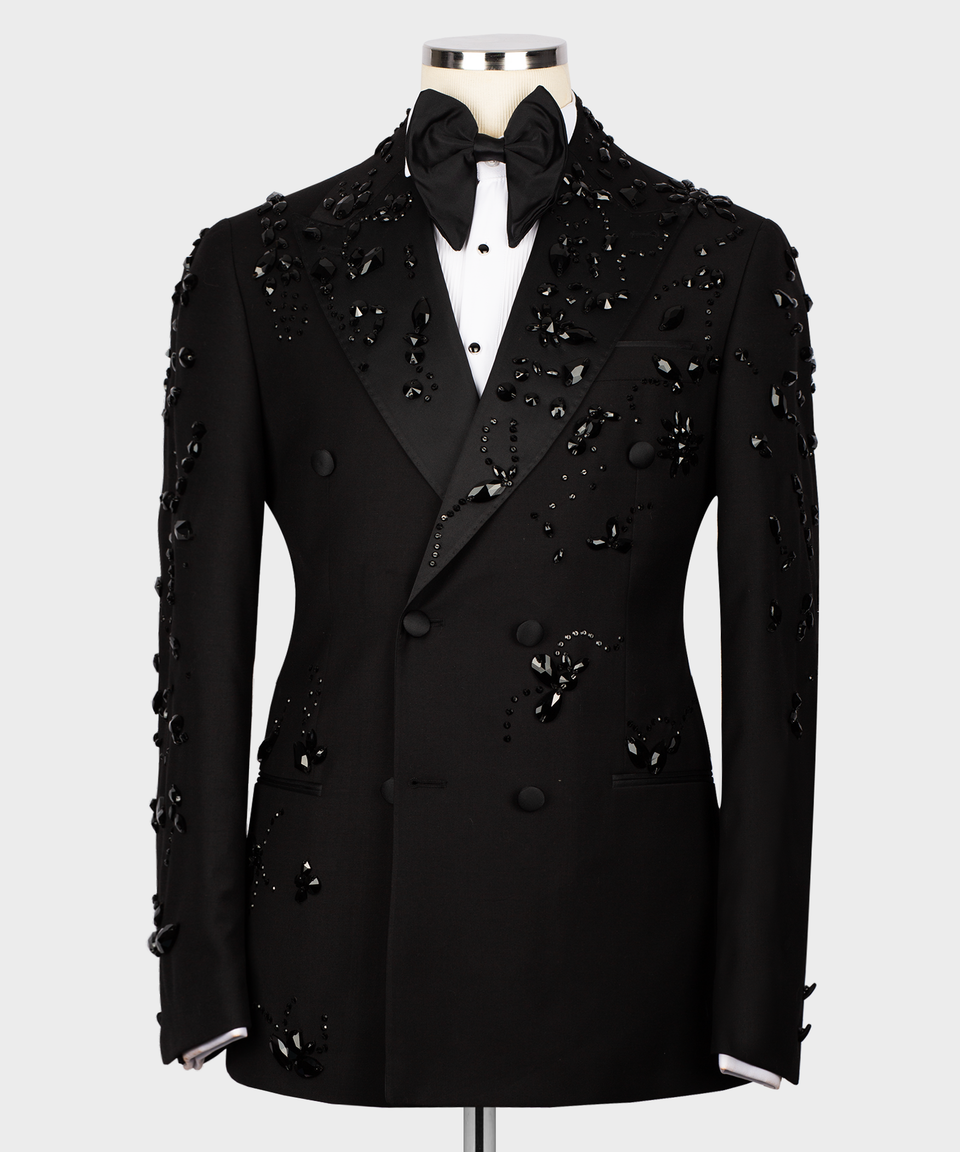 KOSS ATELIER black crystal embellished tuxedo double breasted jacket with shawl lapel and black bow tie on mannequin
