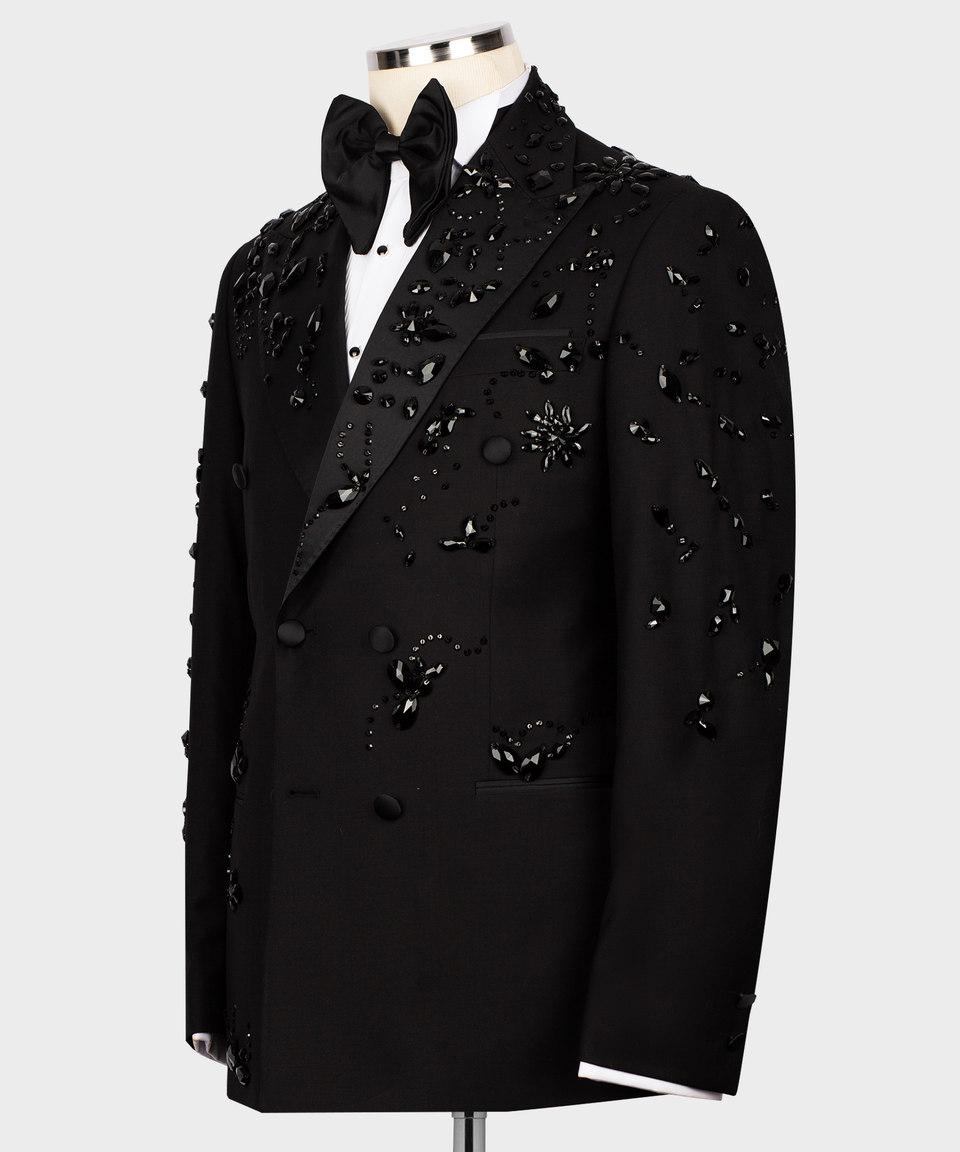KOSS ATELIER black crystal embellished tuxedo double breasted jacket with satin lapels and bow tie on mannequin