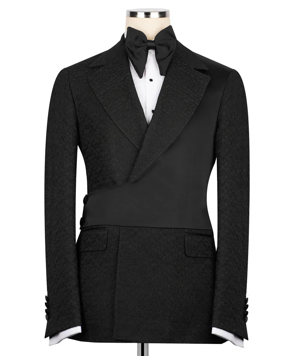 KOSS ATELIER black double-breasted tuxedo with satin shawl lapel bow tie and asymmetrical waist panel