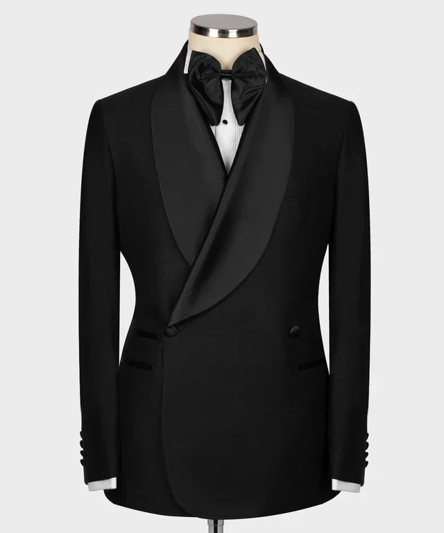 KOSS ATELIER black double breasted tuxedo with satin shawl lapel and matching bow tie