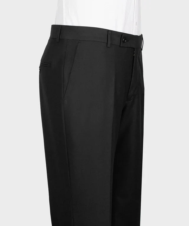 KOSS ATELIER black double breasted tuxedo trousers side view tailored flat front formal pants