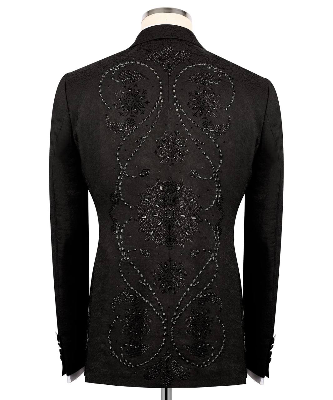 KOSS ATELIER black embroidered tuxedo back view on mannequin with ornate beaded floral swirl pattern