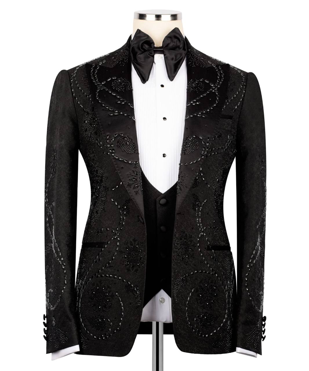 KOSS ATELIER black embroidered tuxedo jacket with beaded swirl embroidery satin lapel vest and bow tie