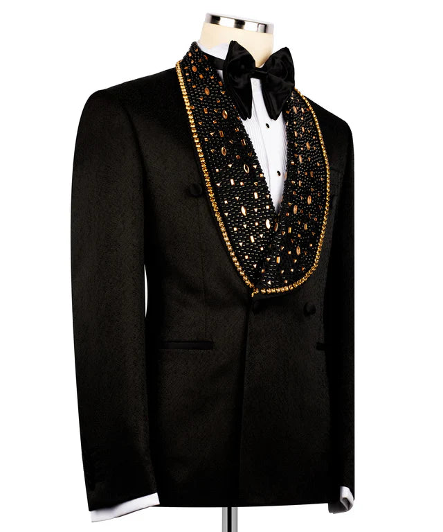 KOSS ATELIER black embroidered tuxedo with golden accents on shawl lapel and black bow tie formal menswear