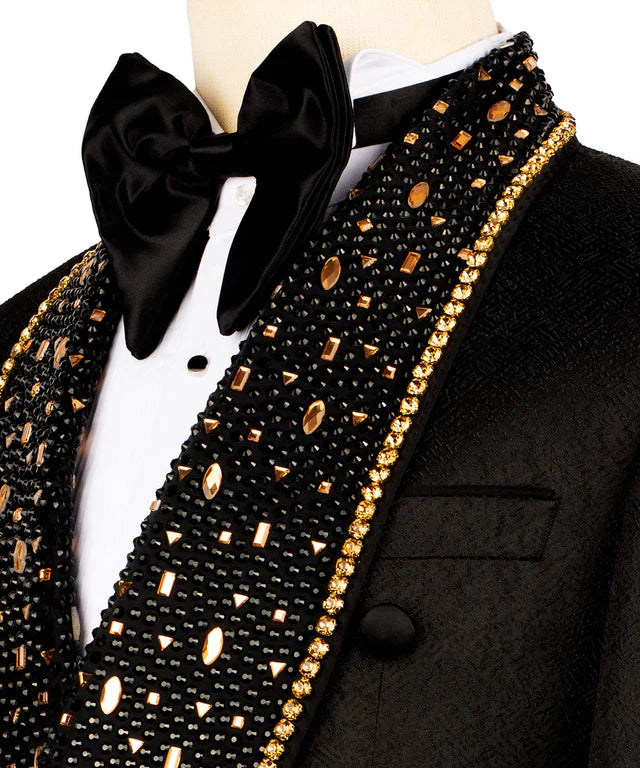 KOSS ATELIER black embroidered tuxedo with golden accents shawl lapel beading satin bow tie close up
