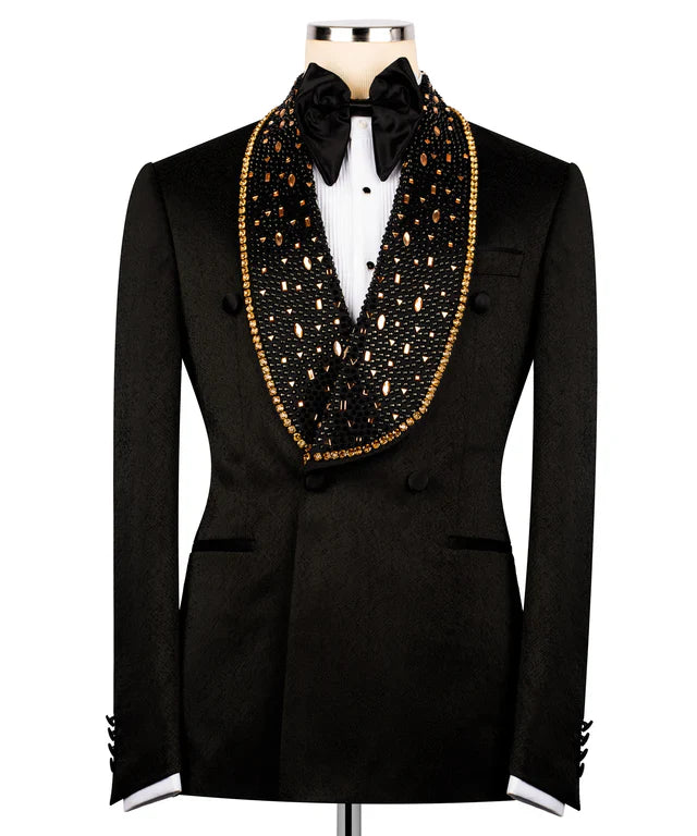 KOSS ATELIER black embroidered tuxedo with golden accents beaded shawl collar double breasted formal jacket