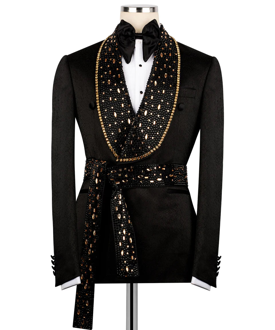 KOSS ATELIER black embroidered tuxedo with golden accents shawl collar and beaded sash on mannequin