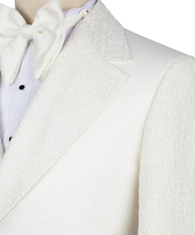 Close up of KOSS ATELIER cream double breasted tuxedo jacket lapel textured fabric with bow tie