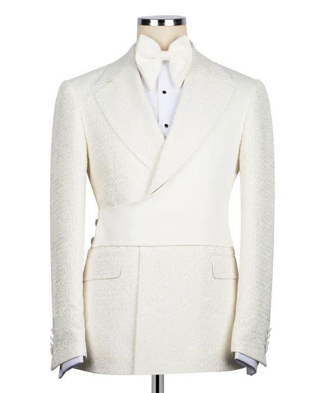 KOSS ATELIER cream double breasted tuxedo jacket with textured wool and satin waist panel and bow tie