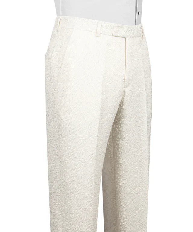 KOSS ATELIER cream double breasted tuxedo textured high waist pleated trousers on mannequin