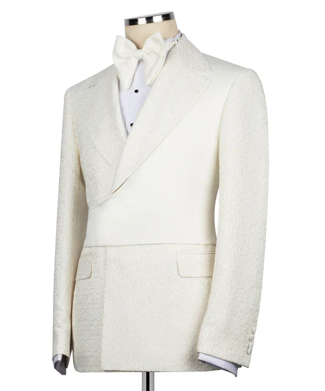 KOSS ATELIER cream double breasted tuxedo jacket with textured fabric peak lapels and white bow tie
