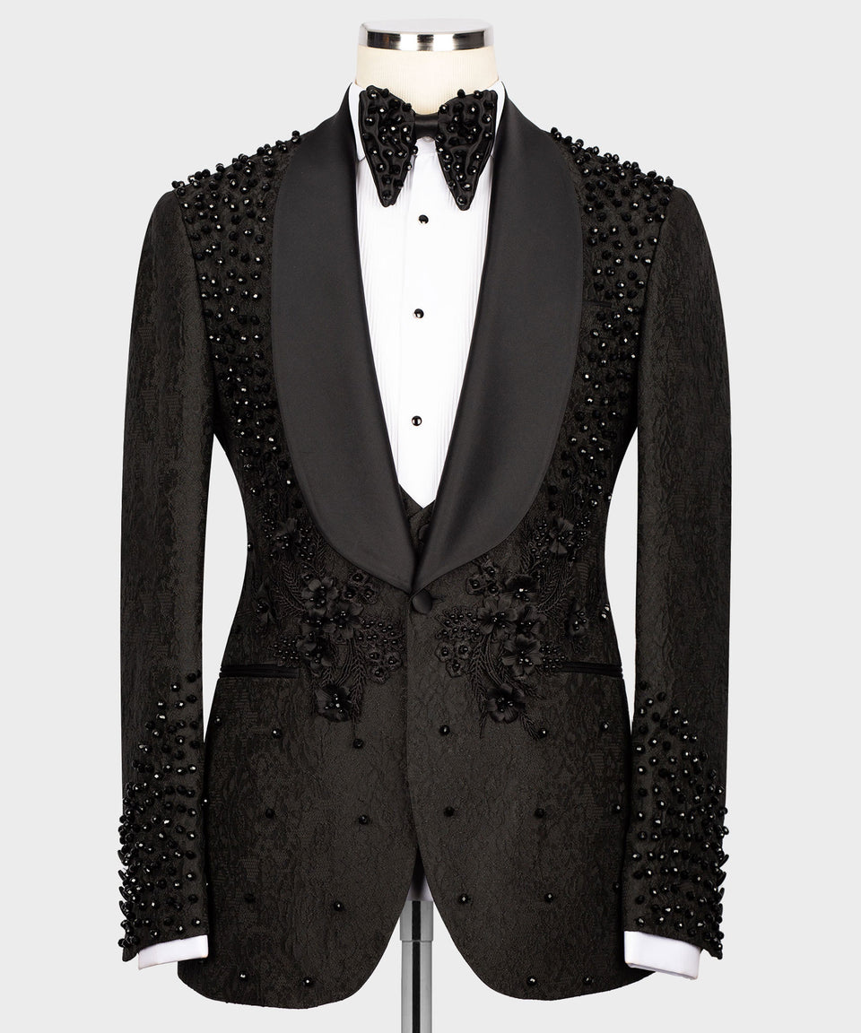 KOSS ATELIER handmade black beaded tuxedo jacket with shawl lapel beaded bow tie and floral embellishments