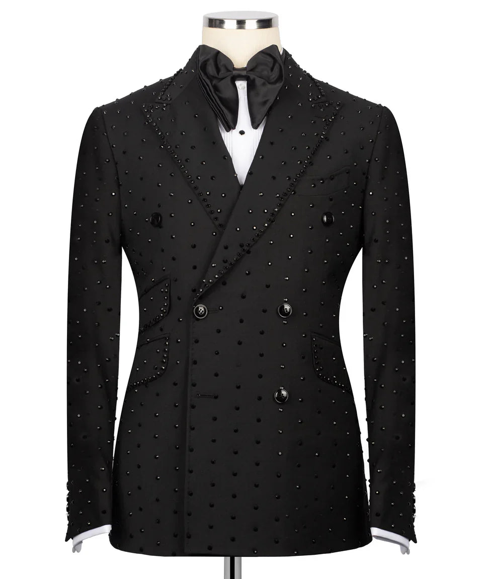 KOSS ATELIER handmade black studded tuxedo double breasted jacket with peak lapel bow tie and bead embellishments