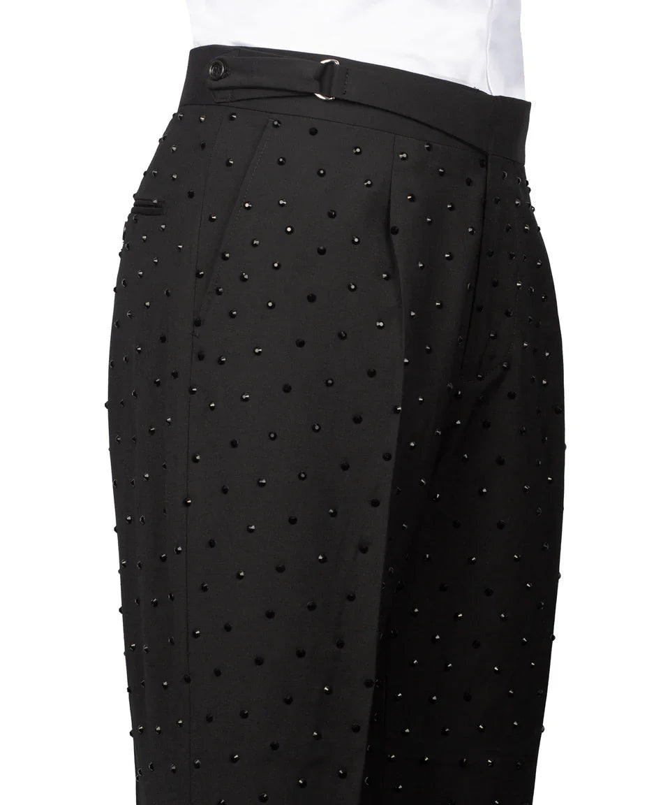KOSS ATELIER handmade black studded tuxedo pants with high waist adjustable side tab and allover bead studs