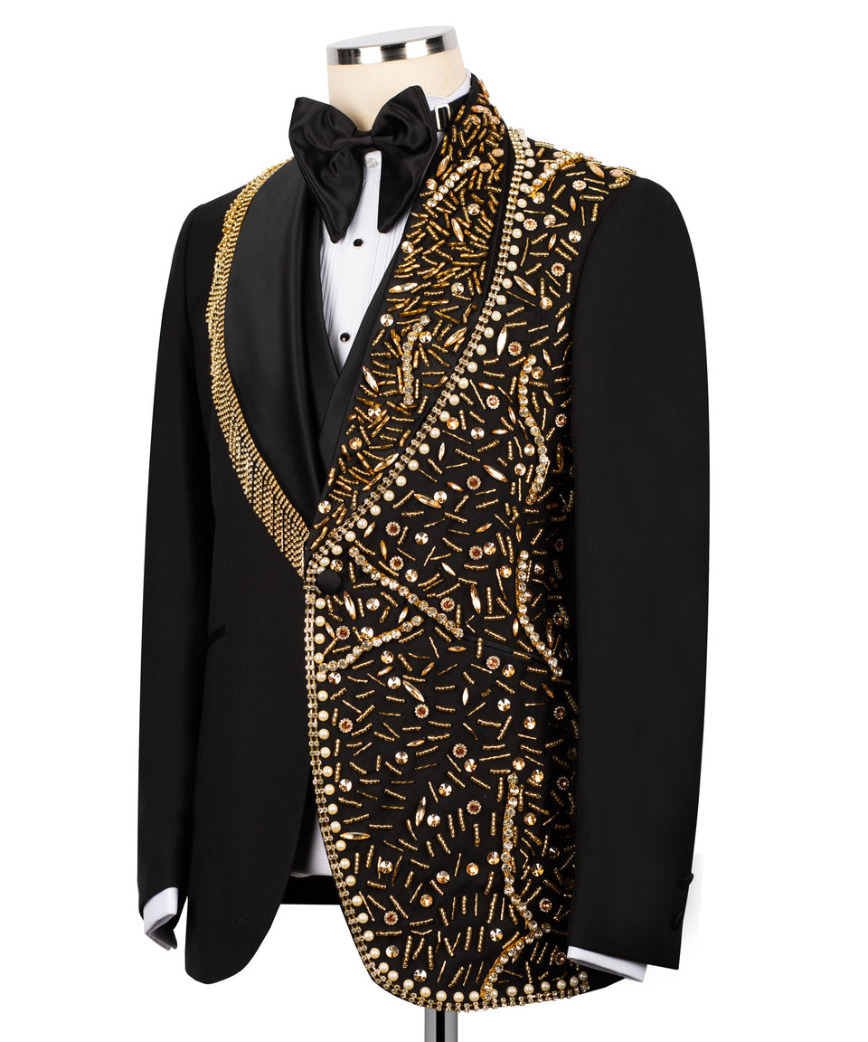 KOSS ATELIER handmade black tuxedo with gold details asymmetrical beaded single breasted jacket with bow tie