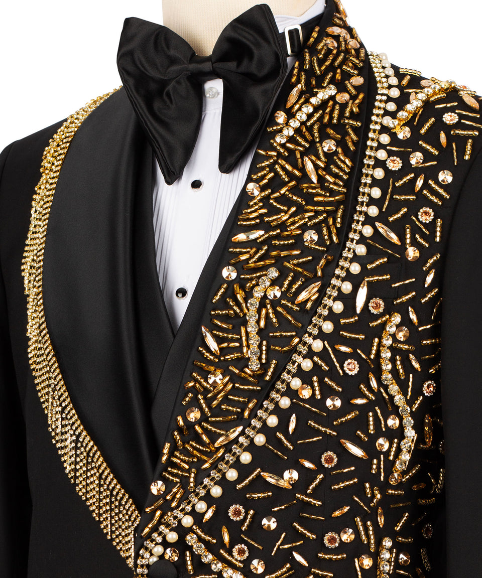 KOSS ATELIER handmade black tuxedo with gold details shawl lapel jeweled embroidery and bow tie
