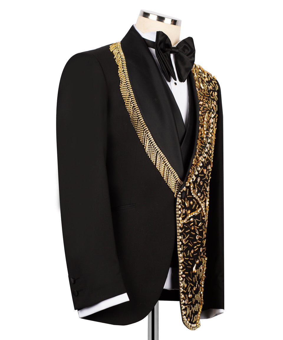 KOSS ATELIER handmade black tuxedo with gold details on shawl lapel, bow tie, and embroidered trim
