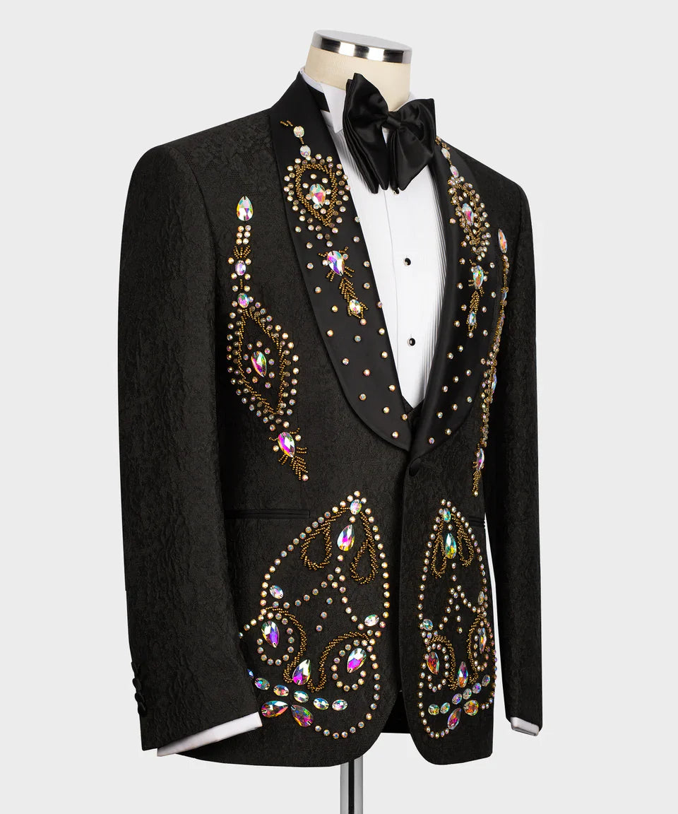 KOSS ATELIER luxury black tuxedo for men with jeweled embroidery shawl lapel and satin bow tie