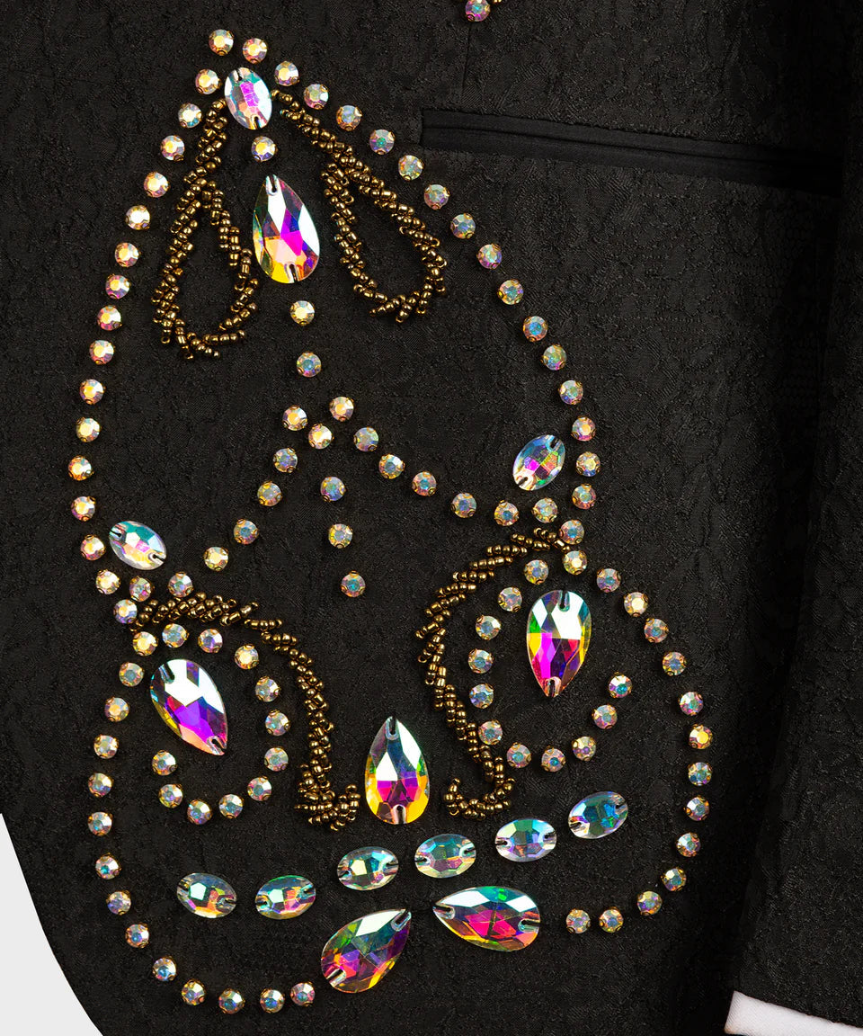 KOSS ATELIER luxury black tuxedo for men with embellished crystal and gold bead embroidery detail
