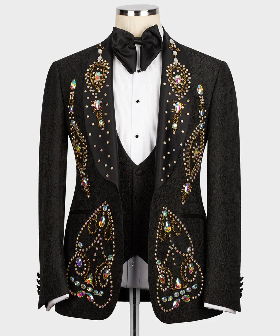KOSS ATELIER luxury black tuxedo for men with ornate jeweled embroidery and black bow tie on mannequin
